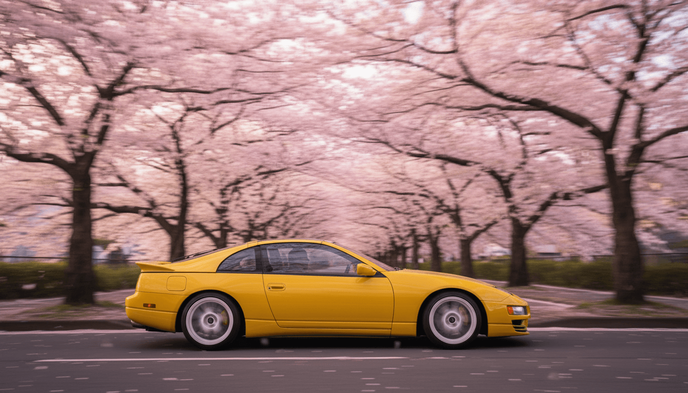 Yellow Nissan 300ZX under cherry blossoms